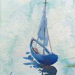 sailboat watercolor painting seascape original art nature artwork 2,5" by 3,5" by zina vysota