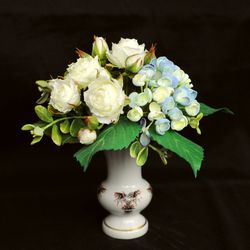 Miniature bouquet of handmade flowers in ceramic vase. Handmade flowers hydrangea and roses for home decor