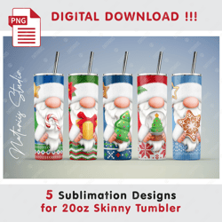 5 Cute Christmas Gnomes - Seamless Sublimation Patterns - 20oz SKINNY TUMBLER - Full Tumbler Wrap