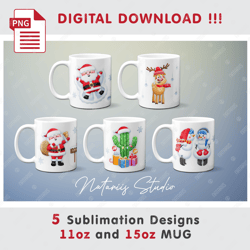 5 Cute Christmas Sublimation Designs - 11oz 15oz MUG - Digital Mug Wrap