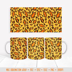 Fall Oak Leaves Leopard Mug Sublimation Design. Autumn Mug  Wrap PNG
