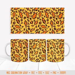 fall oak leaves leopard mug sublimation design. autumn mug  wrap png