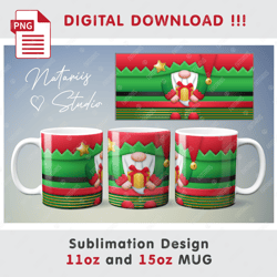 Cute Christmas Elf Sublimation Design - 11oz 15oz MUG - Digital Mug Wrap