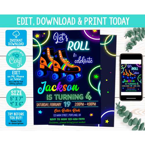Editable roller skate birthday invitation Corjl template Boy skating invitation Skating party invite Neon disco party