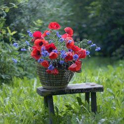 Poppies and cornflowers in a basket - printable poster, wall art photography,flower bouquet digital photo