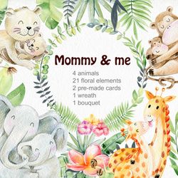 mother and baby animals, watercolor clipart.