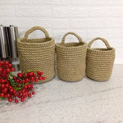 hanging wall storage basket crochet jute basket with handle kitchen wall decor eco friendly product boho decor gift