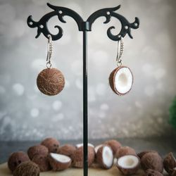 Coconut earrings are coconut shell weird funny quirky Hawaiian mismatched earrings