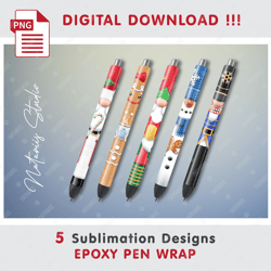 5 Cute Christmas Characters - Seamless  Patterns - EPOXY PEN WRAP - Full Pen Wrap