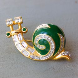 Vintage snail brooch Swarovski crystals pin Green enamel snail brooch