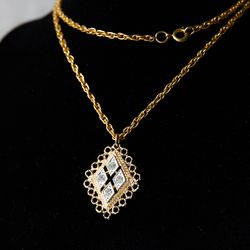Vintage Sarah Coventry necklace Gold Victorian pendant Rhinestone rhombus pendant