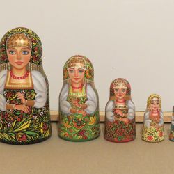 Beautiful Russian girls matryoshka doll 5 pieces - Traditional khokloma painted wooden nesting dolls