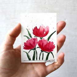 Pink Poppies Painting Original Watercolor ACEO Mini Flower Art California Poppies Small Floral Poppy Artwork 2.5 by 3.5