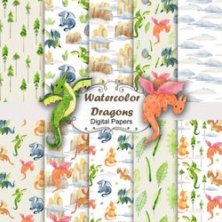 Watercolor dragons, seamless patterns.