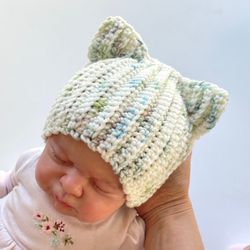 Crochet hat pattern, baby cat ear beanie, handmade winter cloth, 4 sizes easy pattern for beginners, grandchild gift