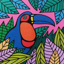 Toucan Painting Folk Art Bird Original Art 8" x 8" by NikaD Tropical Animal Artwork Small Jungle Rainforest Painting Wil