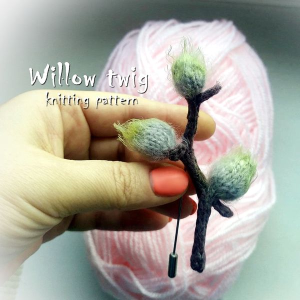Willow twig knitting pattern, Easter knitting decor, handmade brooch, large flower pin, floral knitting pattern, ebook 1.jpg