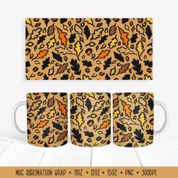 Colorful Fall Leaves Mug Wrap. Leopard Print Sublimation Mug Wrap PNG
