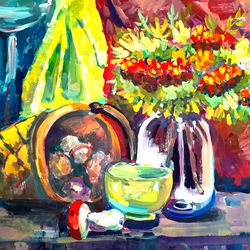Painting, still life with a basket, mushroom, vase, bouquet in a glass jar, made in gouache, illustration