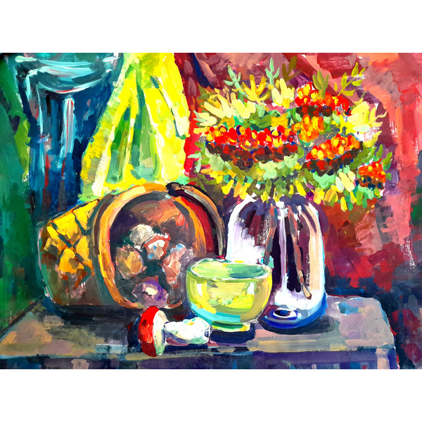 8 пикс Still life with a basket, mushroom, bowl, bouquet in a glass jar, made in gouache.png