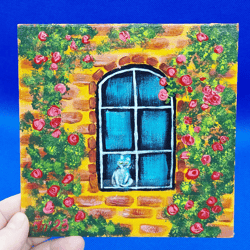Cat on the Window Small Painting Pets Art Roses Cityscape Summer City Street Painting Tuscany Original Artwork by Ukrain