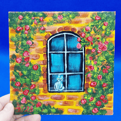 cat on the window small painting pets art roses cityscape summer city street painting tuscany original artwork by ukrain
