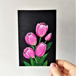 Pink tulip painting flower bouquet art small wall decor