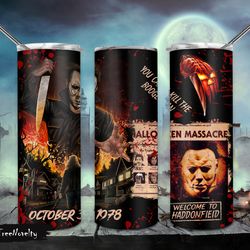michael myers tumbler png, halloween horror tumbler wrap, michael myers newspaper, 20oz skinny tumbler