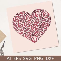 3d layered love card with roses, Valentines day card, Svg dxf files for papercut