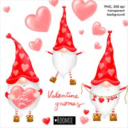 Valentine Gnomes PNG, St Valentines Day Clipart. Watercolor Gnome Hearts I Love You Cards, Sublimation Shirt Printable