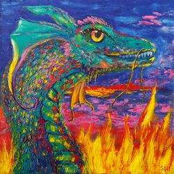 dragon painting original art impasto oil painting small art 8 by 8 inches fire dragon