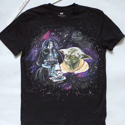 Star Wars T shirt with Darth Vader, Yoda, Stormtroopers and Death Star, Custom hand painted t shirt