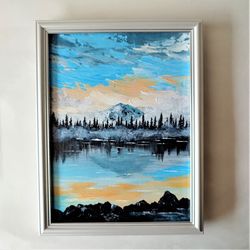 Mountain lake landscape painting sunset on canvas framed art