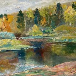 oil painting on masonite, size 13x14 inches, modern landscape painting, beautiful views of nature, an interesting gift.