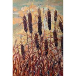 cattail swamp plants painting cattail oil painting original art swamp grass artwork wall art 16" by 24" by ellen che