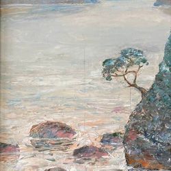 oil painting on masonite "fjords of ladoga" vertical shape size 22x14 modern landscape painting beautiful views of water