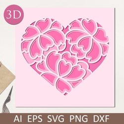Layered papercut shadow box with flower heart, 3d Valentines day card for cricut, Svg - Dxf files