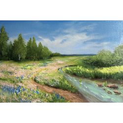 River painting Artwork River in the field  Landscape 10x8in Original oil painting Wall art Oil painting on cardboard