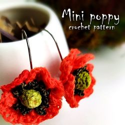 Poppy earrings crochet pattern, women's jewelry, crochet decoration, cute red poppy, floral earrings, amigurumi ebook