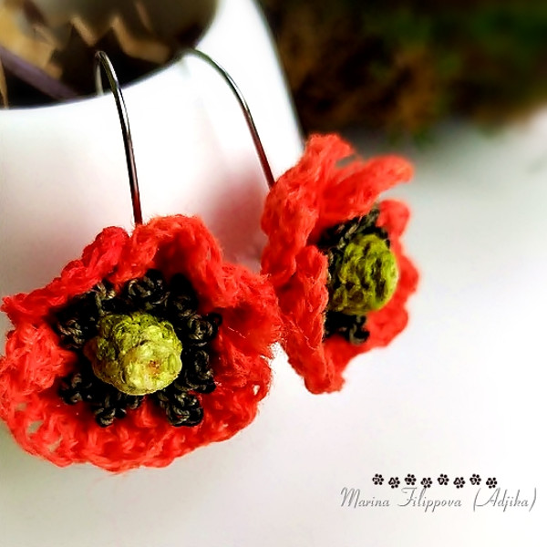 Poppy earrings crochet pattern, women's jewelry, crochet decoration, cute red poppy, floral earrings, amigurumi ebook 6.jpg