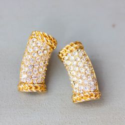 Vintage crystal clip on earrings Gold stud rhinestone clips
