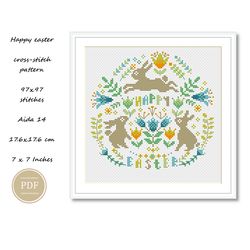 Cross Stitch Pattern Easter Bunny with Flower Wreaths Egg Hunt Easter Embroidery Digital Pdf File Instant Download 268
