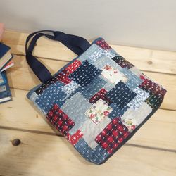 Quilted bag, patchwork bag, handmade bag, small handbag made of cotton and jeans, quilted textile handbag ,tote bag,