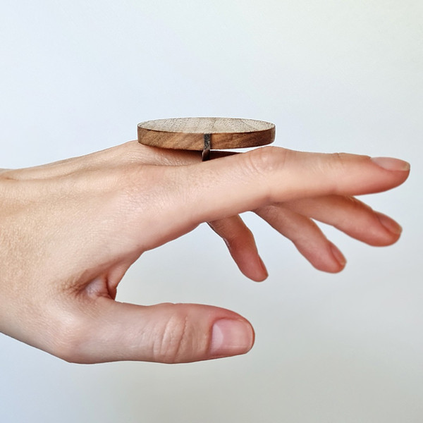 natural wood ring, round ring, big ring, light wood ring, metal ring, hand 2