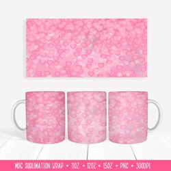 Pink Hearts Mug Wrap Sublimation Design. Valentines Mug PNG