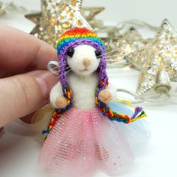 Miniature needle felted mouse in a rainbow outfit