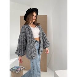 Chunky knit Balloon Sleeve Cardigan Knitting Pattern, Oversized cardigan for women, Cable sweater pattern, Knit cardigan