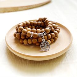 Handmade OAK wood rosary bracelet 108 beads, mala 108 beads, wood Prayer Rosary bracelet with tree of life pendant