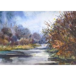 Autumn Pond Foggy Morning Melancholy Autumn ORIGINAL Watercolor Art 8 x 11 inches Signed by artist Marina Chuchko