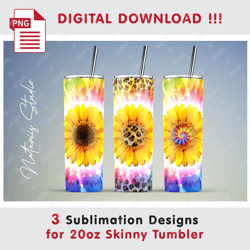 3 Tie Dye Sunflower Templates - Seamless Sublimation Patterns - 20oz SKINNY TUMBLER - Full Tumbler Wrap